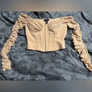 Off shoulder Tan Ruched Sleeve Blouse